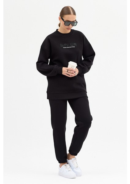 Kadın Space Baskılı Bisiklet Yaka Paçası Lastikli Oversize Eşofman Takımı fiyatları