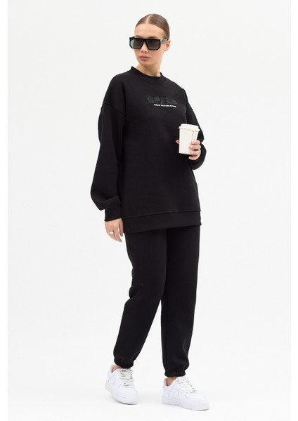 Kadın Space Baskılı Bisiklet Yaka Paçası Lastikli Oversize Eşofman Takımı modelleri