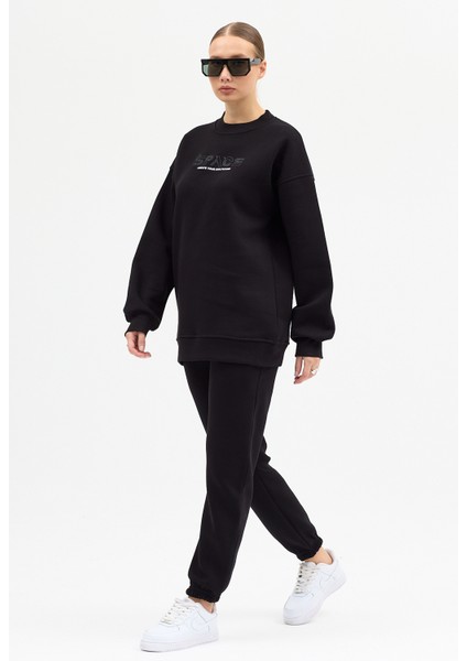 Kadın Space Baskılı Bisiklet Yaka Paçası Lastikli Oversize Eşofman Takımı fırsatları