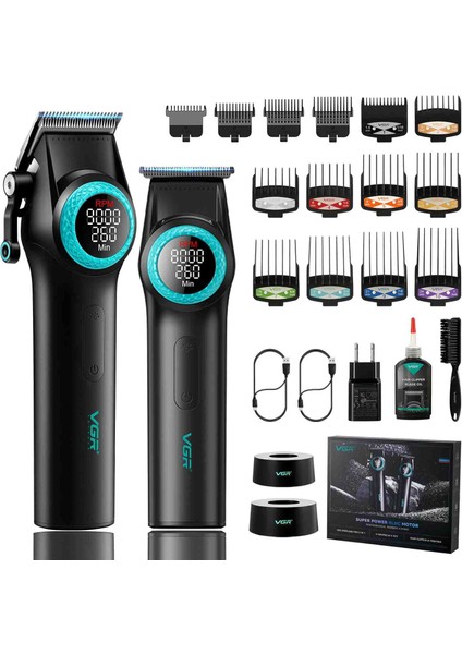 Vgr 001 & 977 Profesyonel 2 Li Set Saç Kesme Makinası, Kablosuz Berber Sıfır T Ağız Makina Seti, LED Ekranlı Dlc Kaplama Bıçaklı