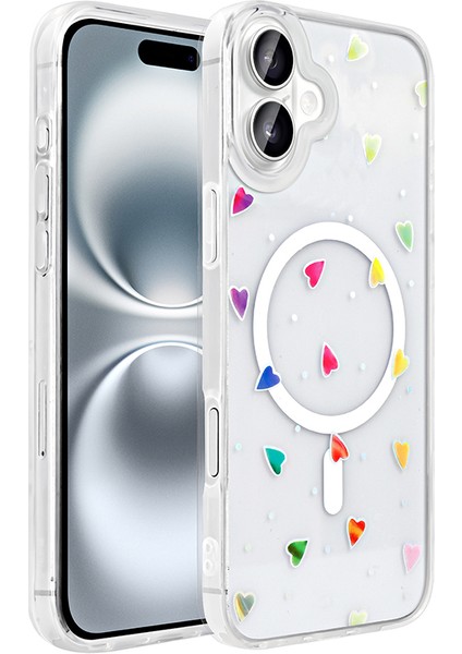 iPhone 16 Plus Kılıf M-Safe Şarj Özellikli Şeffaf Zore Folk Sert Kapak - Kalp