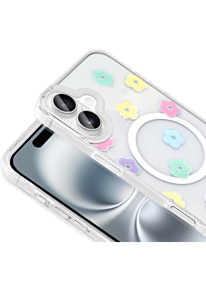 iPhone 16 Plus Kılıf M-Safe Şarj Özellikli Şeffaf Zore Folk Sert Kapak - Kalp