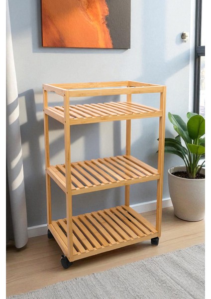 Bambu 3 Katlı Tekerlekli Sunum Arabası Mutfak ve Banyo Rafi