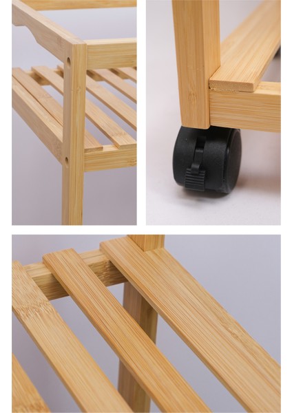 Bambu 3 Katlı Tekerlekli Sunum Arabası Mutfak ve Banyo Rafi