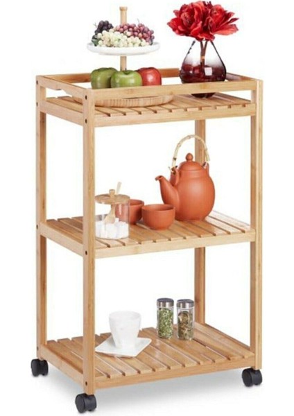 Ahşap Tekerlekli Servis Arabası, Masa ve Çiçeklik Için Şık ve Kullanışlı Tasarım