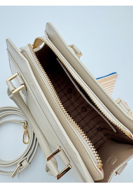 Krem Fular Askı Süslü Omuz Çantası Orijinal Levid'or Premium