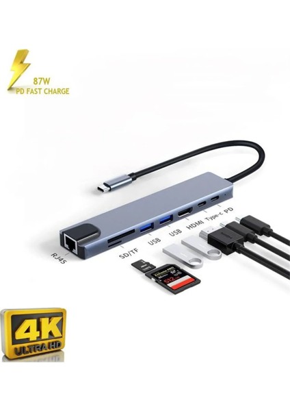 8'li Çok Fonksiyonlu Type-C Hub, 4K Hdmı, Ethernet ve Daha Fazlası, Gri