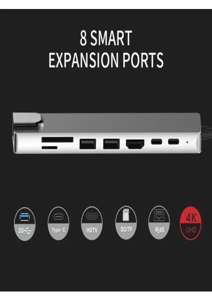 8'li Çok Fonksiyonlu Type-C Hub, 4K Hdmı, Ethernet ve Daha Fazlası, Gri indirimleri