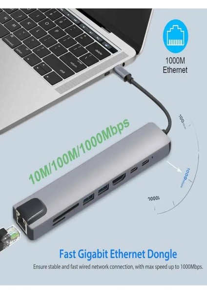 8'li Çok Fonksiyonlu Type-C Hub, 4K Hdmı, Ethernet ve Daha Fazlası, Gri