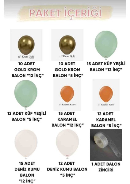 Gold Krom* Küf Yeşili* Karamel* Deniz Kumu 100'LÜ Balon Seti fiyatları