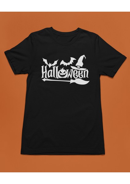Halloween Yarasa Balkabağı Cadı Şapkası ve Süpürge Unisex Tişört T-Shirt