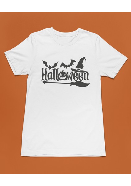 Halloween Yarasa Balkabağı Cadı Şapkası ve Süpürge Unisex Tişört T-Shirt fiyatları
