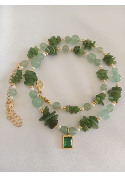 Aventurin ve Yeşim Doğal Taş Inci Detay Kolye