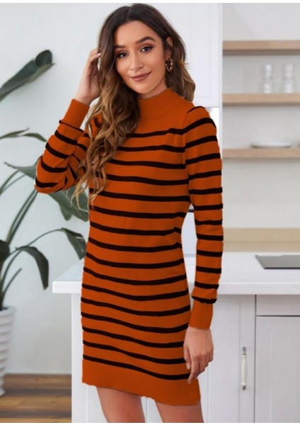 Kadın Uzun Kollu Yarım Balıkçı Yaka Çizgilitriko Mini Boy Elbise (Kemersiz) modelleri