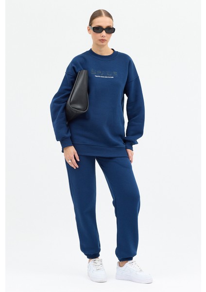 Kadın Space Baskılı Bisiklet Yaka Paçası Lastikli Oversize Eşofman Takımı