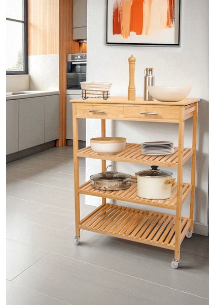 Bambu Çekmeceli Tekerlekli Mutfak Servis Arabası, Şık ve Fonksiyonel Tasarım