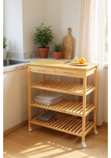 Bambu Çekmeceli Tekerlekli Mutfak Servis Arabası, Şık ve Fonksiyonel Tasarım indirimleri