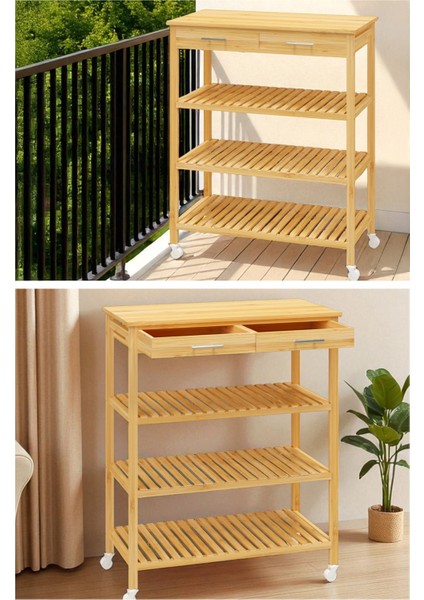 Bambu Çekmeceli Tekerlekli Mutfak Servis Arabası, Şık ve Fonksiyonel Tasarım