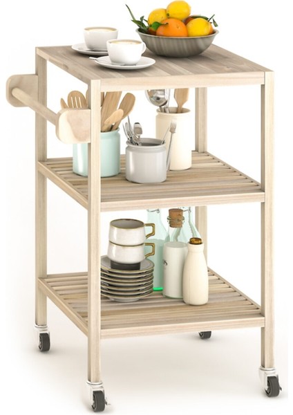 Masif Akasya Mutfak Servis Arabası 520X520X850 mm Organik Beyaz