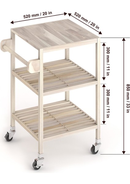 Masif Akasya Mutfak Servis Arabası 520X520X850 mm Organik Beyaz fiyatları