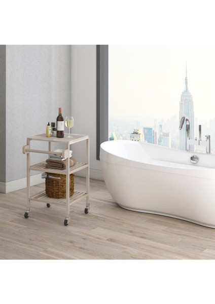 Masif Akasya Mutfak Servis Arabası 520X520X850 mm Organik Beyaz indirimleri