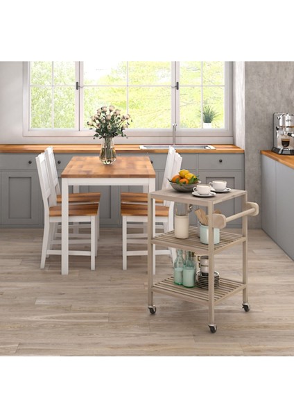 Masif Akasya Mutfak Servis Arabası 520X520X850 mm Organik Beyaz