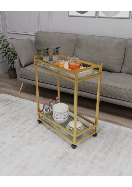 Şık Çok Amaçlı Tekerlekli Sunum ve Yan Sehpa, Cam Raflı, Gold Metal Işçilik