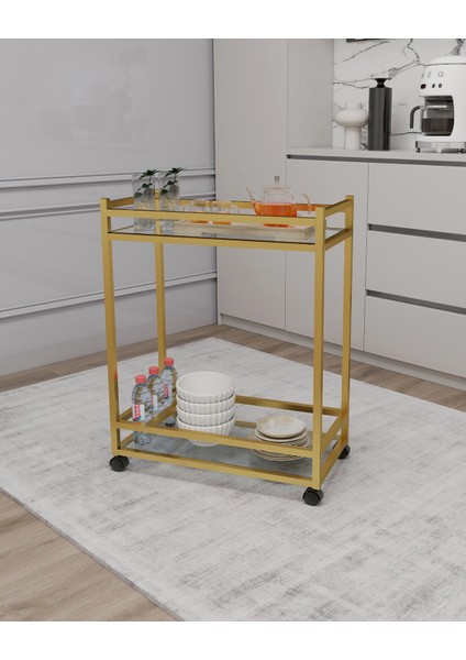 Şık Çok Amaçlı Tekerlekli Sunum ve Yan Sehpa, Cam Raflı, Gold Metal Işçilik fiyatları