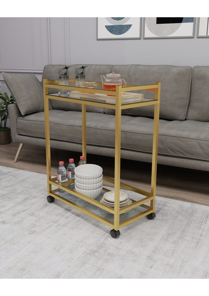 Şık Çok Amaçlı Tekerlekli Sunum ve Yan Sehpa, Cam Raflı, Gold Metal Işçilik modelleri