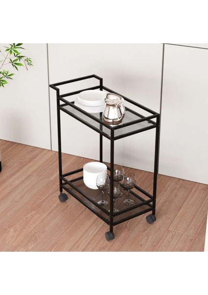 Şeffaf ve Dayanıklı Metal Servis ve Sunum Arabası, Şık Siyah Tasarım fiyatları