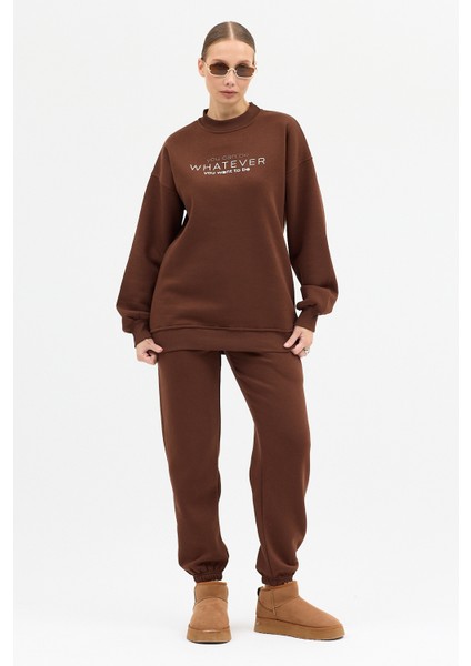 Kadın Whatever Baskılı Bisiklet Yaka Paçası Lastikli Oversize Eşofman Takımı fiyatları
