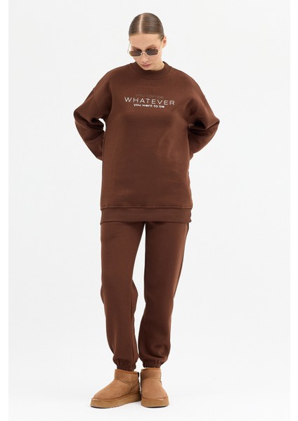 Kadın Whatever Baskılı Bisiklet Yaka Paçası Lastikli Oversize Eşofman Takımı modelleri