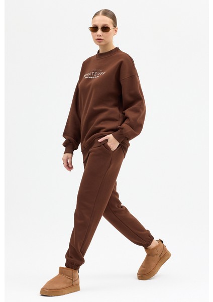 Kadın Whatever Baskılı Bisiklet Yaka Paçası Lastikli Oversize Eşofman Takımı indirimleri