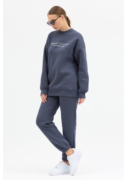 Kadın Whatever Baskılı Bisiklet Yaka Paçası Lastikli Oversize Eşofman Takımı