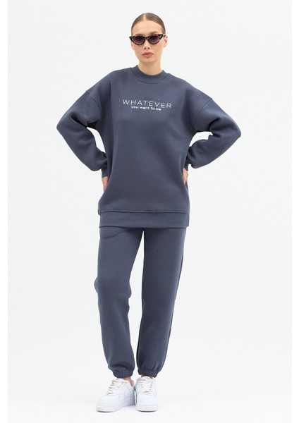 Kadın Whatever Baskılı Bisiklet Yaka Paçası Lastikli Oversize Eşofman Takımı modelleri