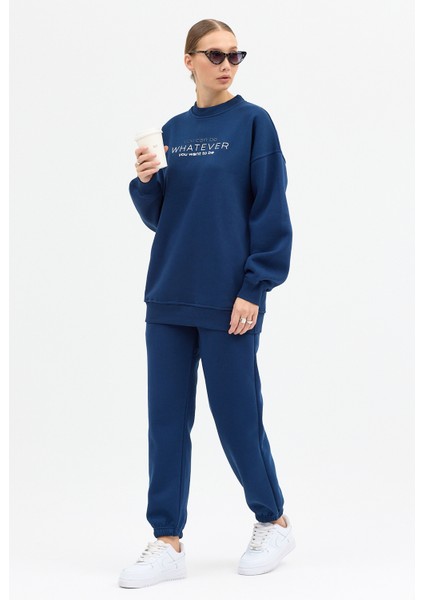 Kadın Whatever Baskılı Bisiklet Yaka Paçası Lastikli Oversize Eşofman Takımı