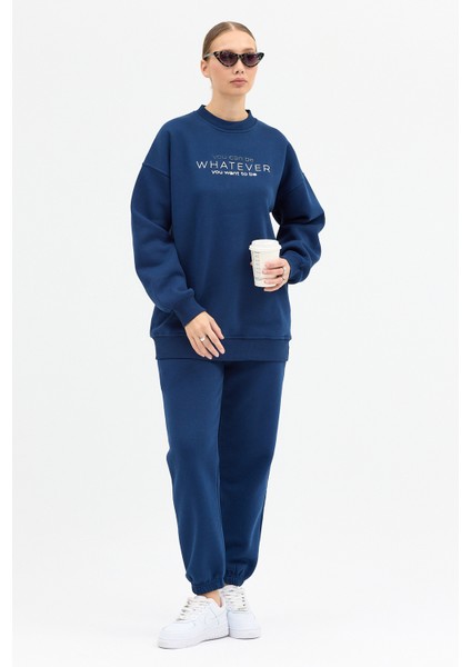 Kadın Whatever Baskılı Bisiklet Yaka Paçası Lastikli Oversize Eşofman Takımı fiyatları