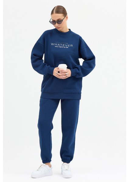 Kadın Whatever Baskılı Bisiklet Yaka Paçası Lastikli Oversize Eşofman Takımı modelleri