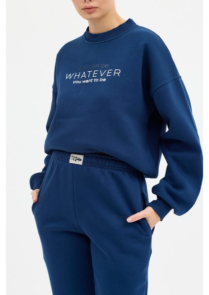 Kadın Whatever Baskılı Bisiklet Yaka Paçası Lastikli Oversize Eşofman Takımı indirimleri