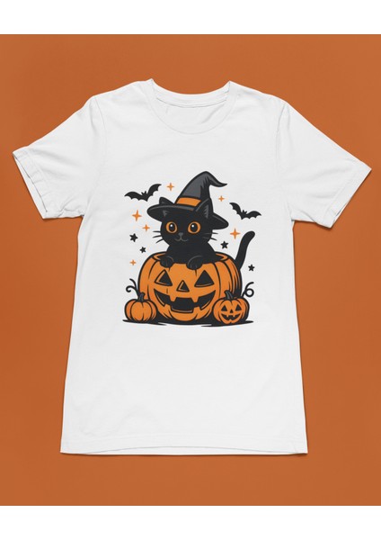 Halloween Kedi Bal Kabağı Pumpkin Unisex Tişört T-Shirt
