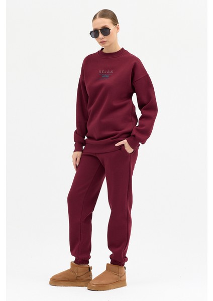 Kadın Relax Baskılı Bisiklet Yaka Içi Pamuklı Oversize Eşofman Takımı modelleri