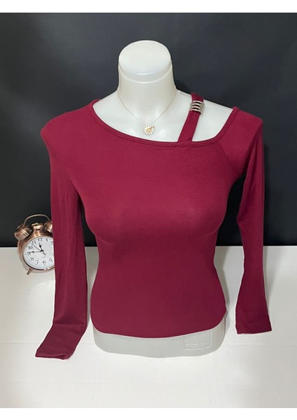 Kadın Bordo Tek Omuz Tokalı Uzun Kollu Bluz fiyatları