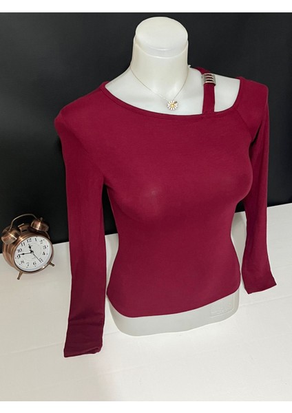 Kadın Bordo Tek Omuz Tokalı Uzun Kollu Bluz fırsatları