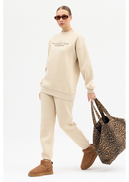 Kadın Whatever Baskılı Bisiklet Yaka Paçası Lastikli Oversize Eşofman Takımı