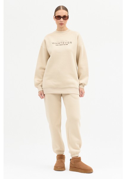 Kadın Whatever Baskılı Bisiklet Yaka Paçası Lastikli Oversize Eşofman Takımı fiyatları