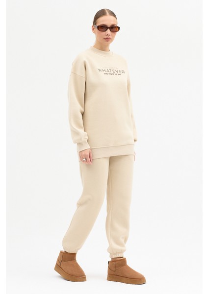 Kadın Whatever Baskılı Bisiklet Yaka Paçası Lastikli Oversize Eşofman Takımı modelleri