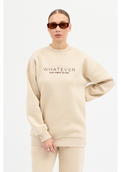 Kadın Whatever Baskılı Bisiklet Yaka Paçası Lastikli Oversize Eşofman Takımı indirimleri