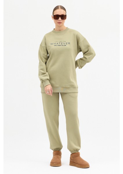 Kadın Whatever Baskılı Bisiklet Yaka Paçası Lastikli Oversize Eşofman Takımı