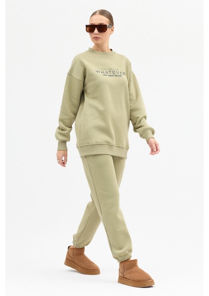 Kadın Whatever Baskılı Bisiklet Yaka Paçası Lastikli Oversize Eşofman Takımı modelleri