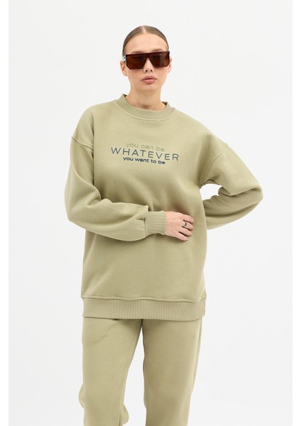 Kadın Whatever Baskılı Bisiklet Yaka Paçası Lastikli Oversize Eşofman Takımı fırsatları